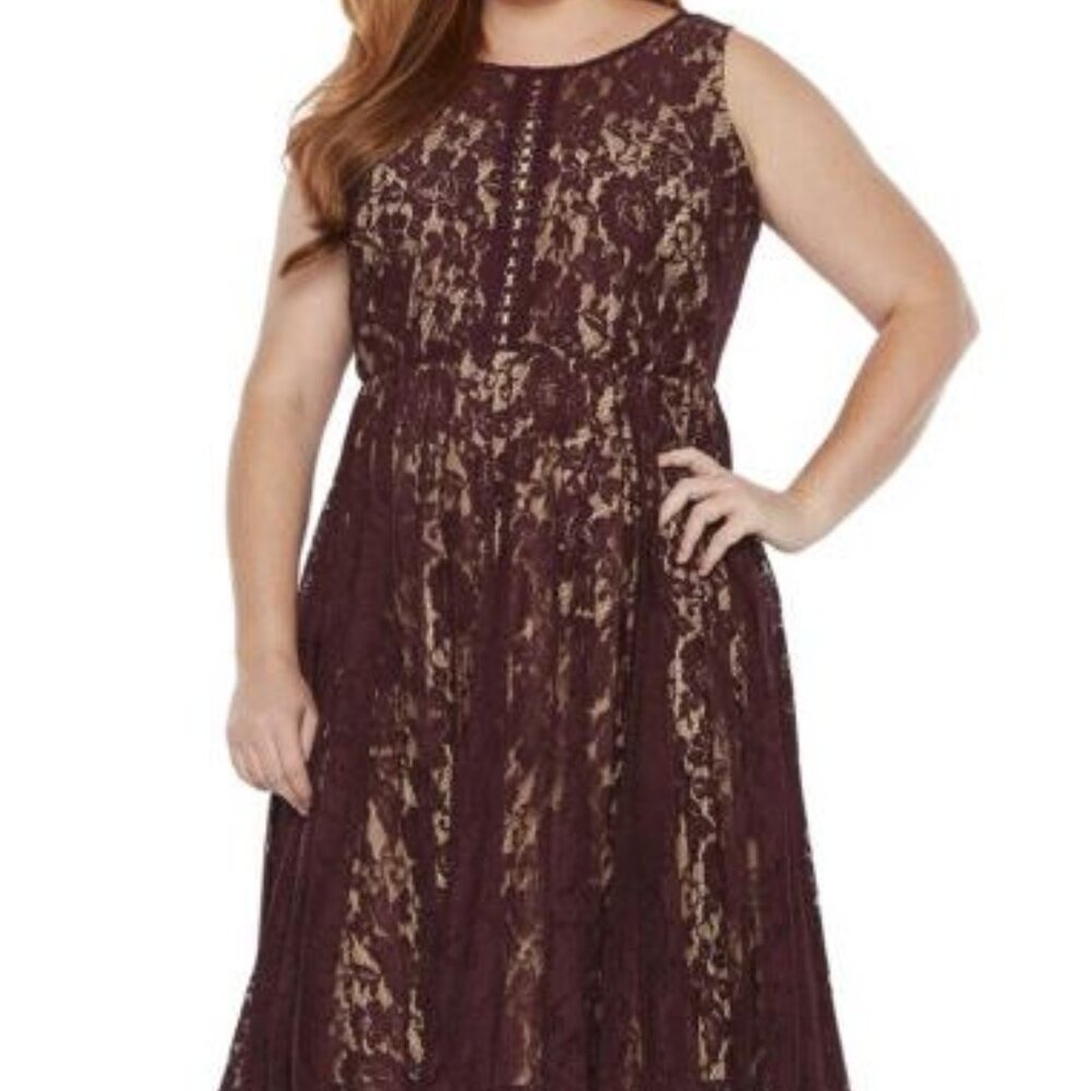 NWT Danny & Nicole Wine Lace Overlay Nude Liner Keyhole Back Dress Size 24W